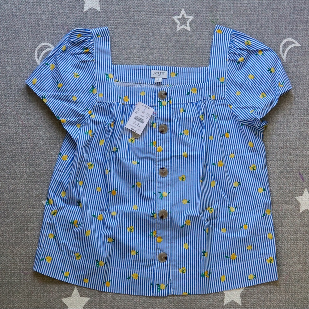 J. Crew Lemon Print Square Neck Button Down Short Sleeves Top Sz S